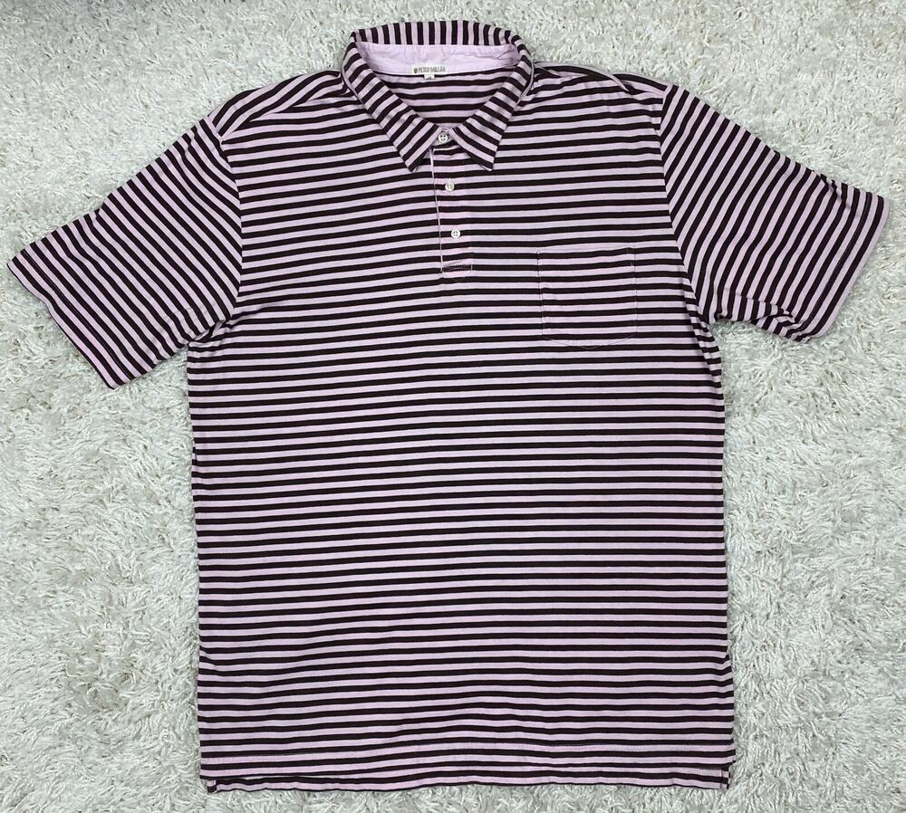 Peter Millar Men's XL Striped Polo Shirt Short Sleeve Pink Brown Chest Pocket